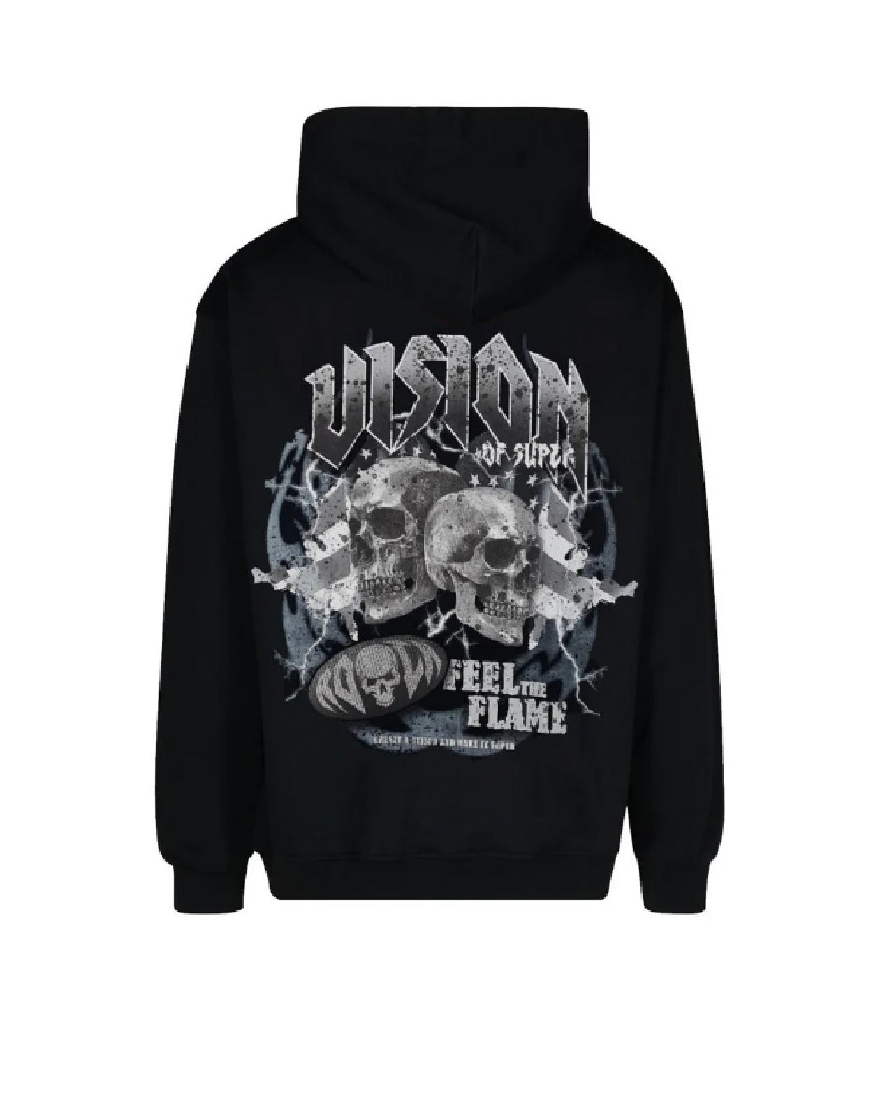 BLACK HOODIE WITH FEEL ROCK SKULL PRINT ON BACK AND EMBROIDERED LOGO ON FRONT