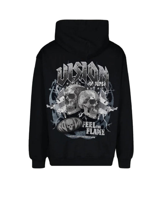 BLACK HOODIE WITH FEEL ROCK SKULL PRINT ON BACK AND EMBROIDERED LOGO ON FRONT