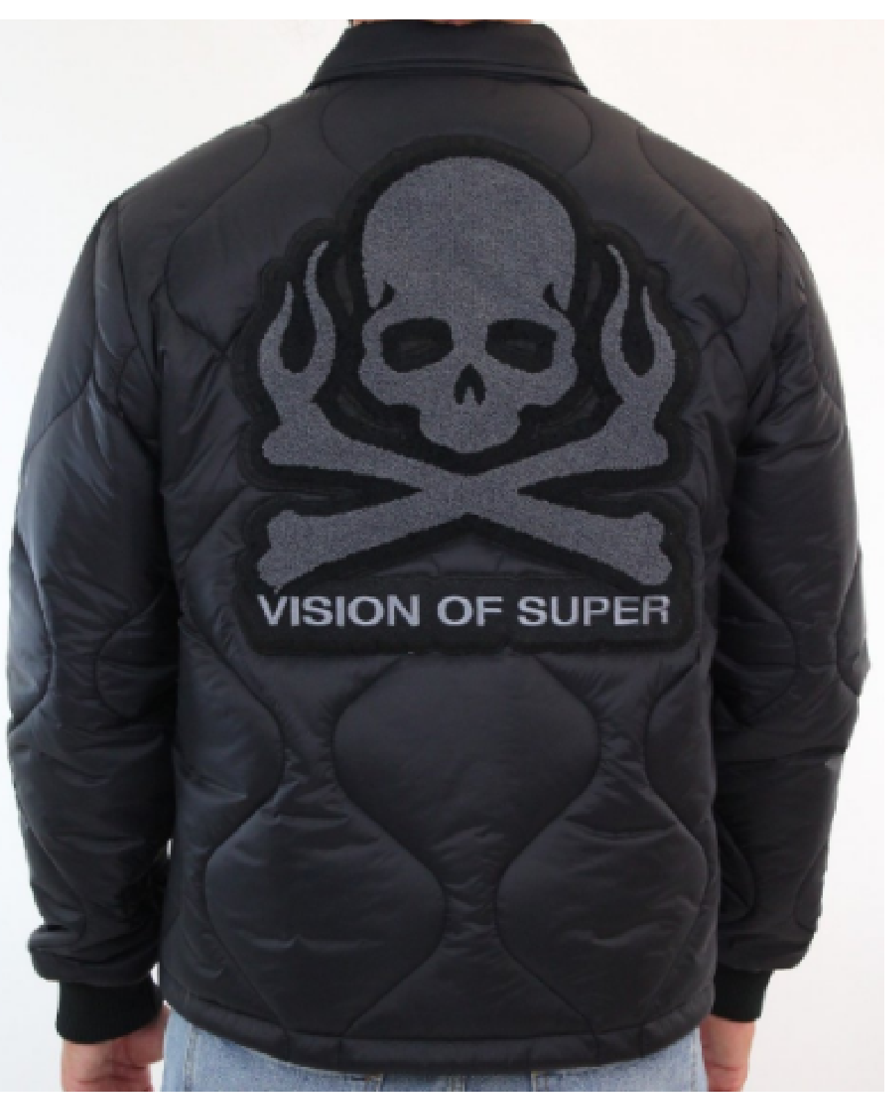 BLACK QUILTED JACKET WITH SKULL PATCH AND RED LABEL