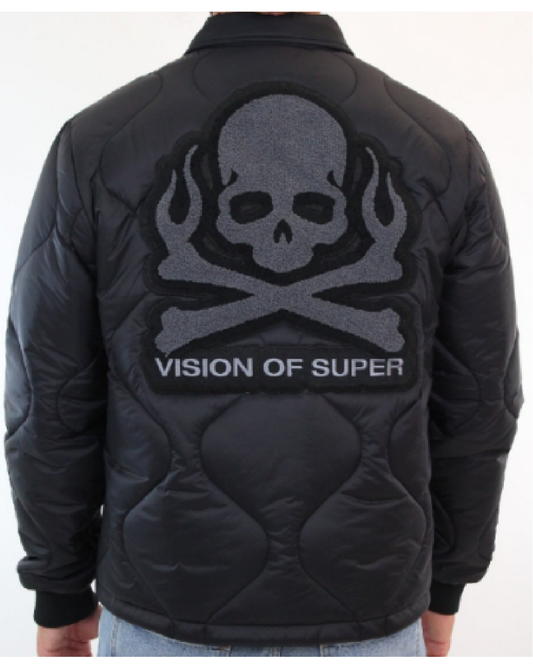 BLACK QUILTED JACKET WITH SKULL PATCH AND RED LABEL