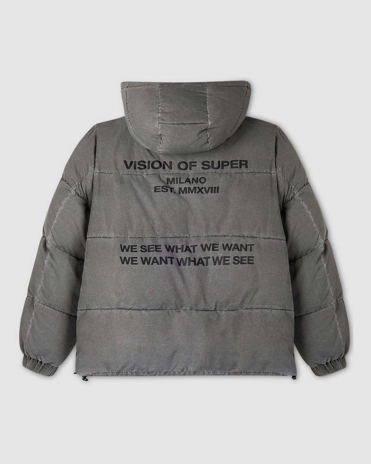 WASHED PUFFY JACKET WITH RED LABEL AND VOS MILANO TEXT PRINTED ON BACK