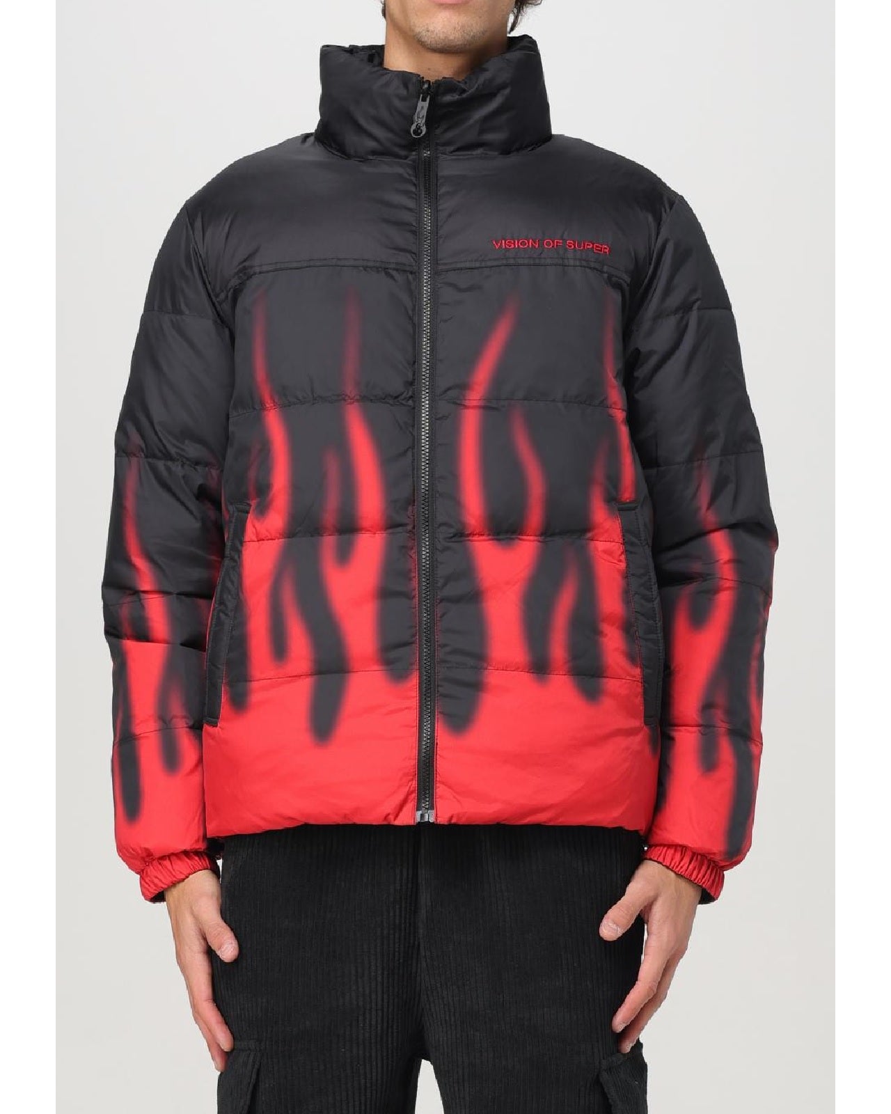 BLACK PUFFY JACKET WITH DIGITAL PRINT RED FLAMES AND RED EMBROIDERED LOGO