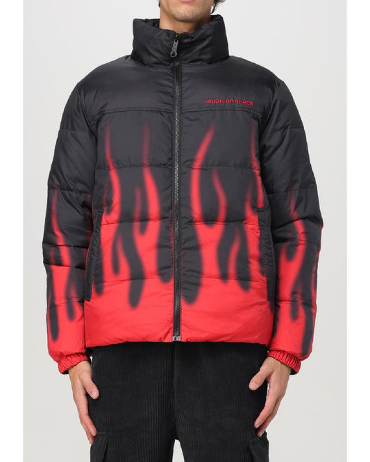 BLACK PUFFY JACKET WITH DIGITAL PRINT RED FLAMES AND RED EMBROIDERED LOGO