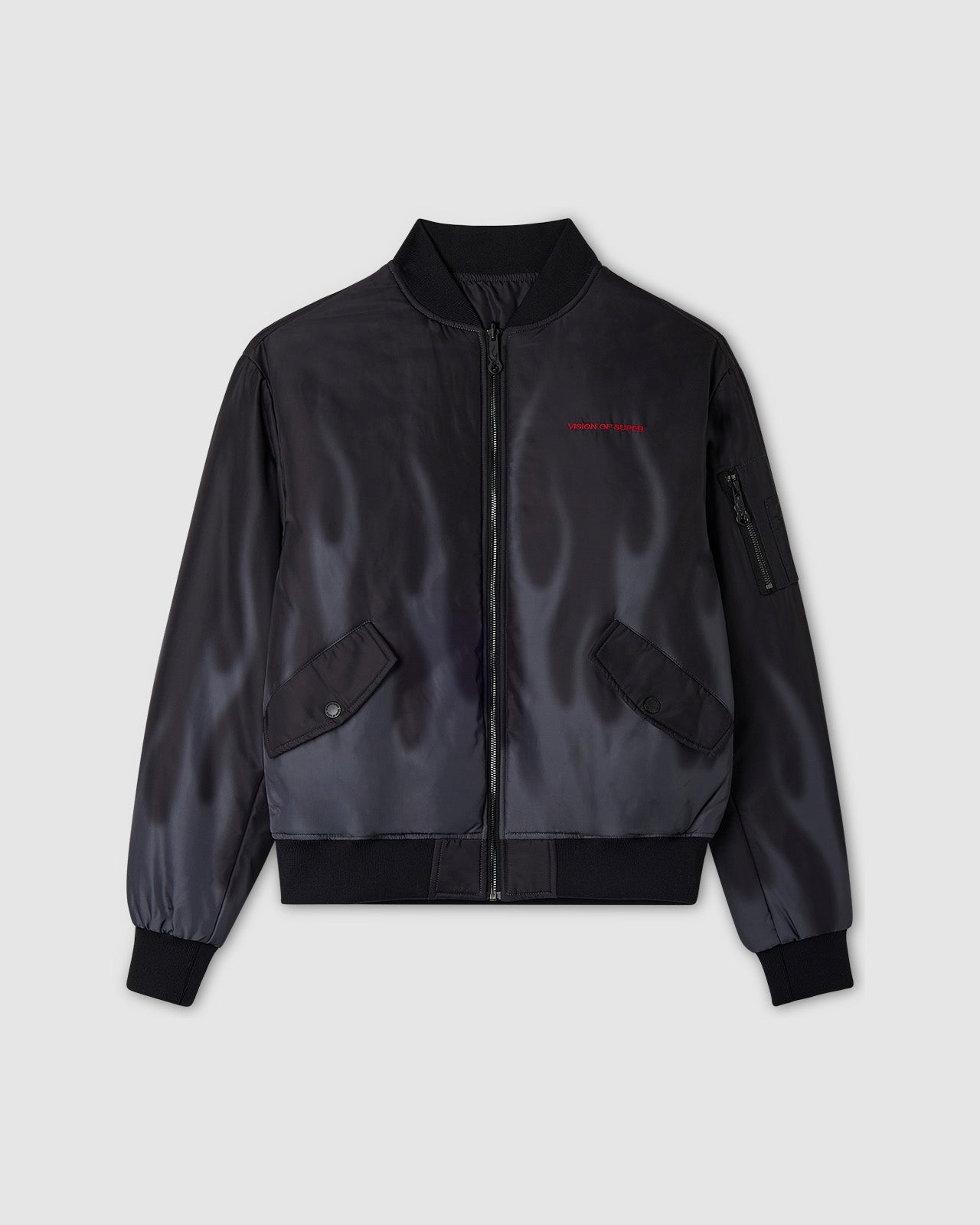 BLACK BOMBER WITH DIGITAL PRINT LASER FLAMES AND RED EMBROIDERED LOGO