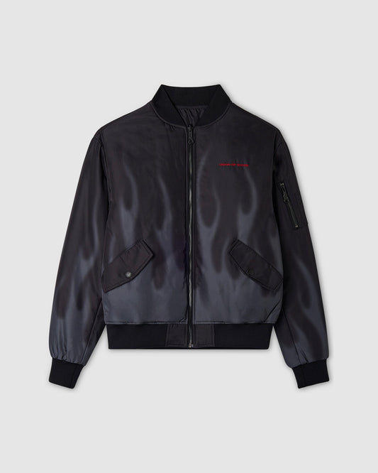 BLACK BOMBER WITH DIGITAL PRINT LASER FLAMES AND RED EMBROIDERED LOGO