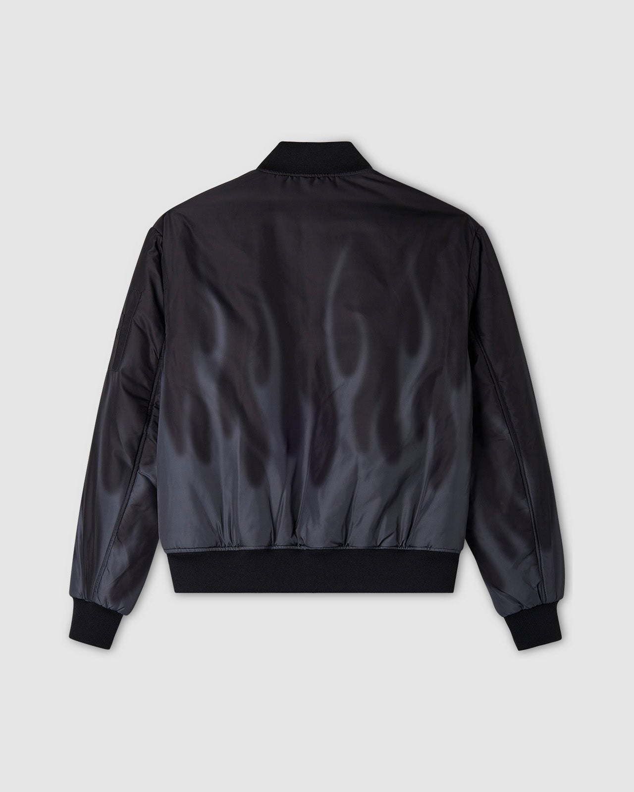 BLACK BOMBER WITH DIGITAL PRINT LASER FLAMES AND RED EMBROIDERED LOGO