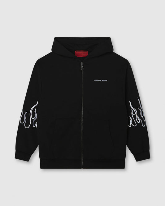 BLACK HOODIE ZIP WITH EMBROIDERED WHITE LOGO, EMBROIDERED WHITE FLAMES AND METAL LABEL + BUTTON