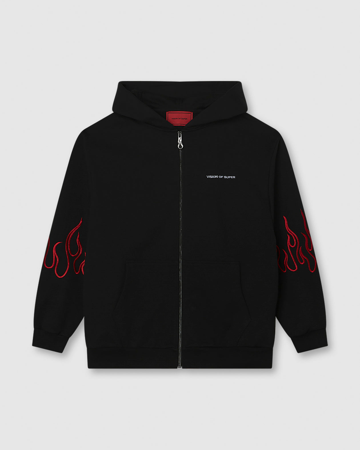 BLACK HOODIE ZIP WITH EMBROIDERED WHITE LOGO, EMBROIDERED RED FLAMES AND METAL LABEL + BUTTON