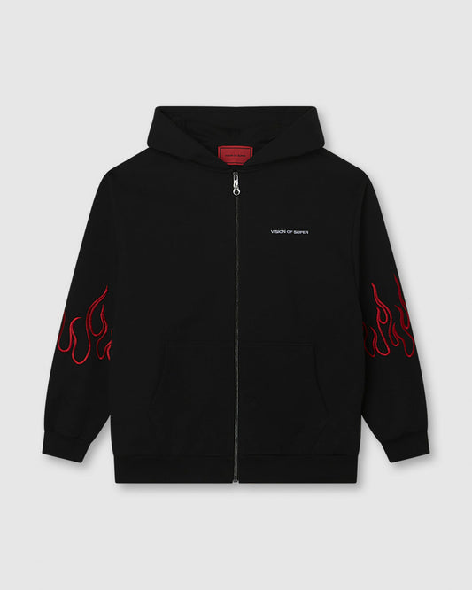 BLACK HOODIE ZIP WITH EMBROIDERED WHITE LOGO, EMBROIDERED RED FLAMES AND METAL LABEL + BUTTON