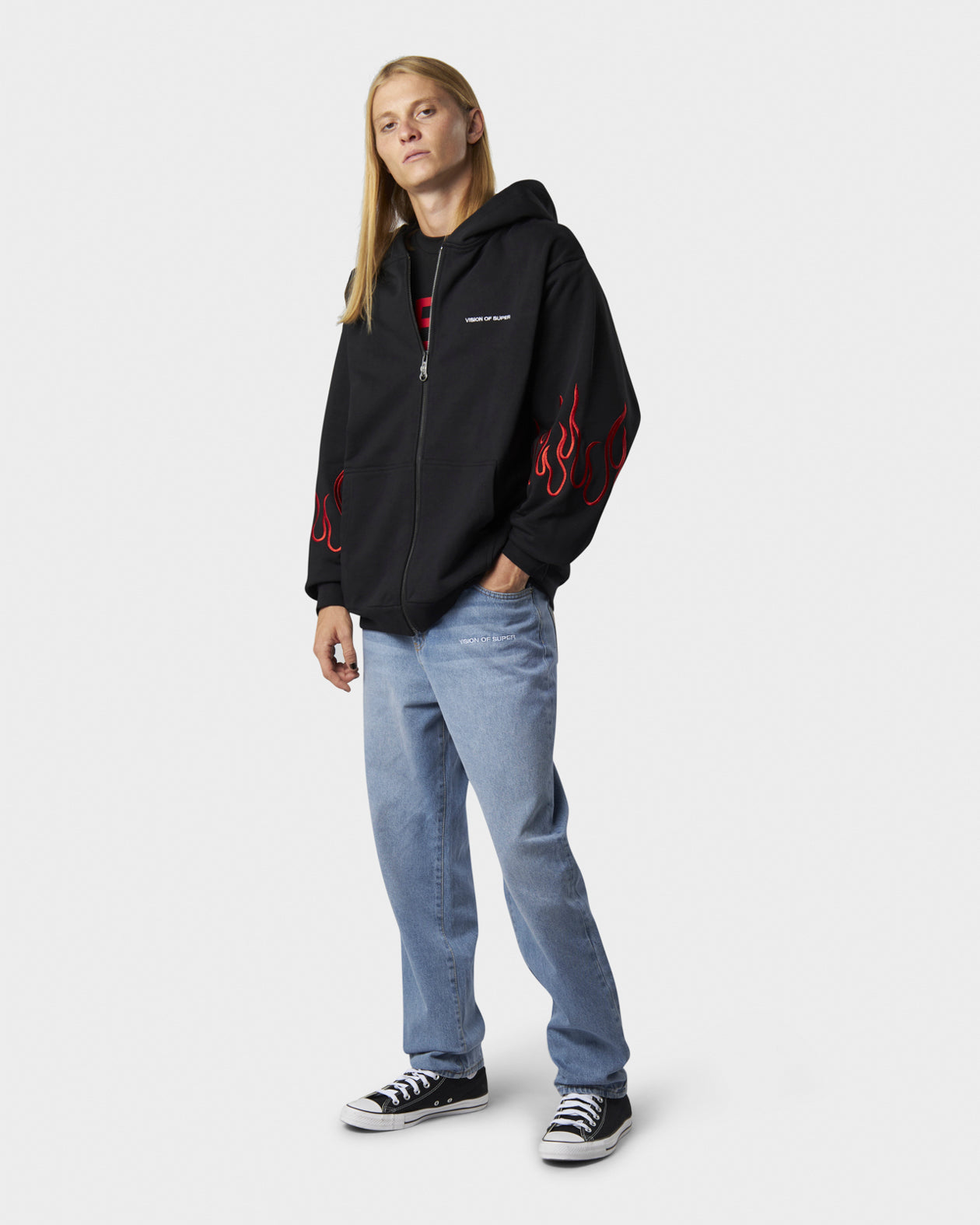 BLACK HOODIE ZIP WITH EMBROIDERED WHITE LOGO, EMBROIDERED RED FLAMES AND METAL LABEL + BUTTON