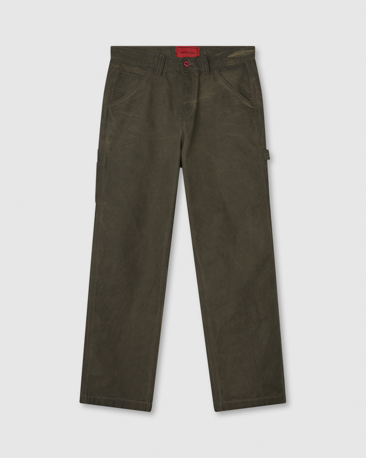 MILITARY GREEN WASHED DENIM WITH EMBROIDERED FLAMES ON POCKET AND RED LABEL