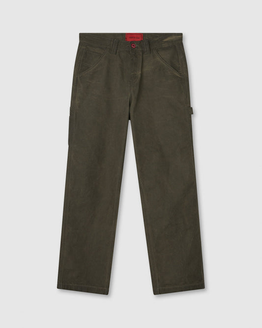 MILITARY GREEN WASHED DENIM WITH EMBROIDERED FLAMES ON POCKET AND RED LABEL