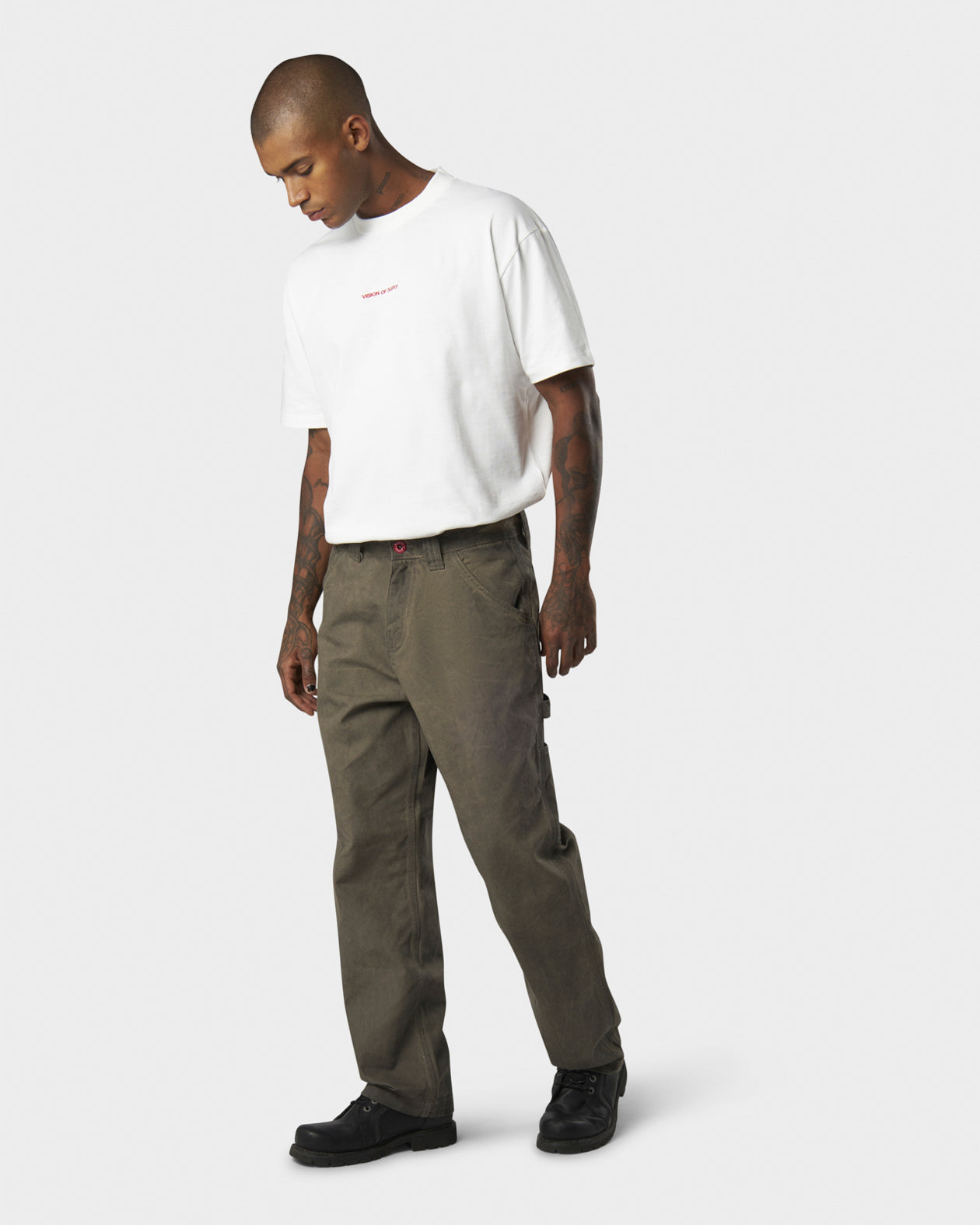 MILITARY GREEN WASHED DENIM WITH EMBROIDERED FLAMES ON POCKET AND RED LABEL