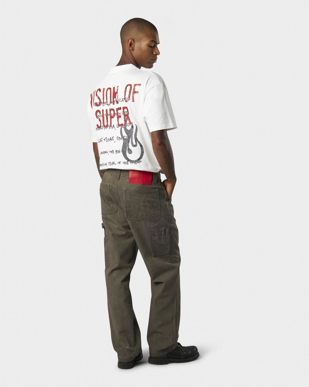 MILITARY GREEN WASHED DENIM WITH EMBROIDERED FLAMES ON POCKET AND RED LABEL