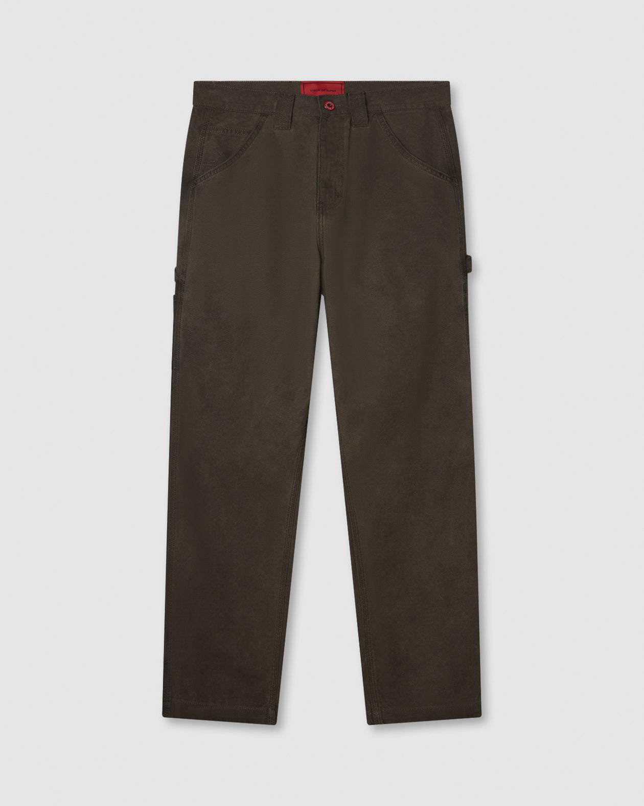 BROWN WASHED DENIM WITH EMBROIDERED FLAMES ON POCKET AND RED LABEL