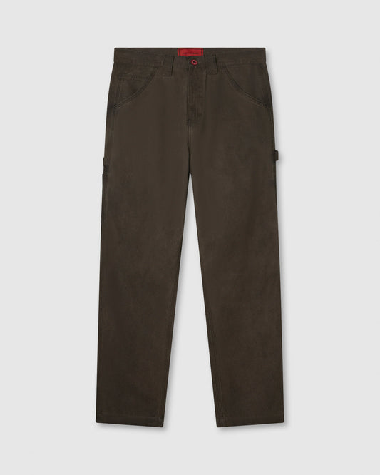 BROWN WASHED DENIM WITH EMBROIDERED FLAMES ON POCKET AND RED LABEL
