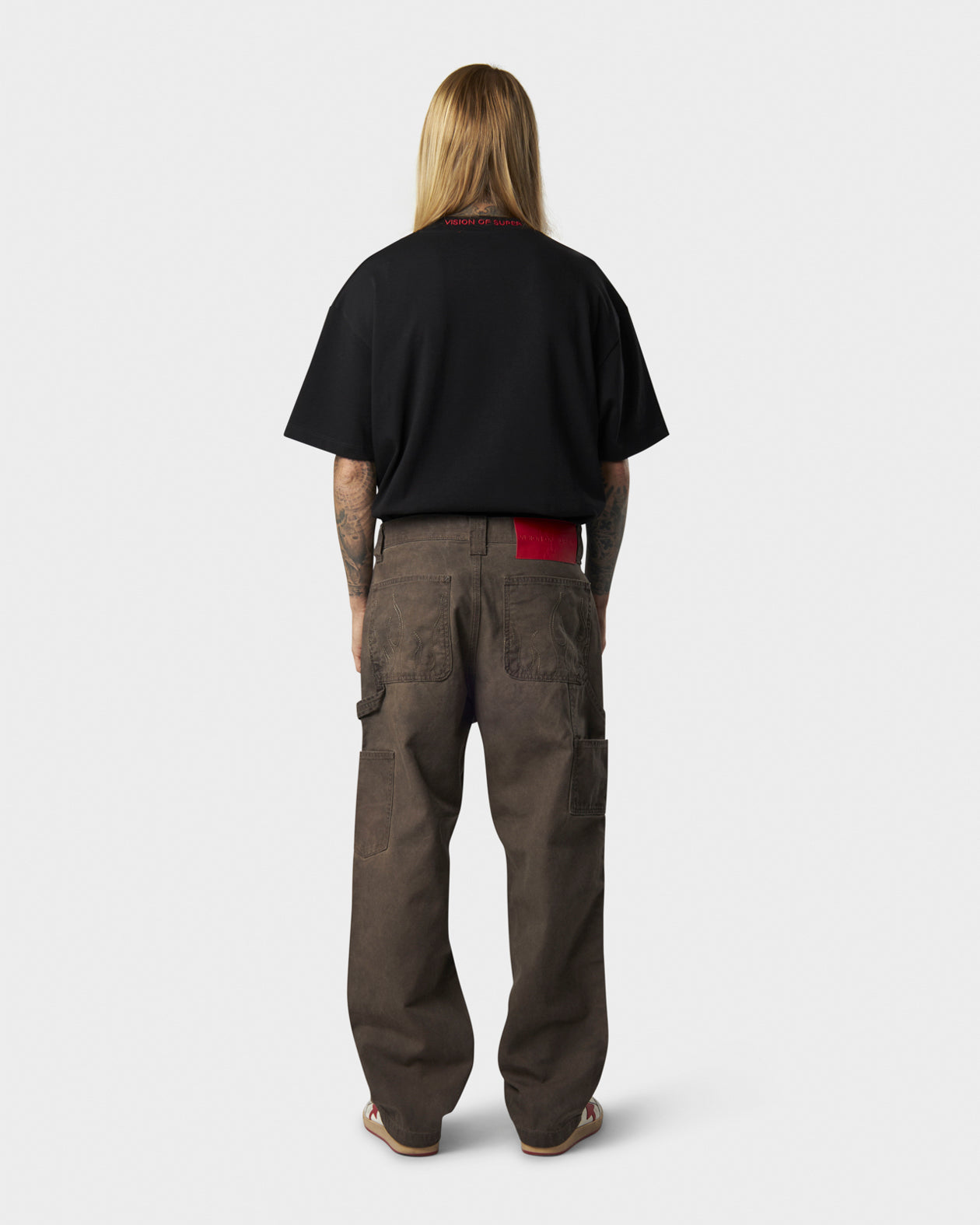 BROWN WASHED DENIM WITH EMBROIDERED FLAMES ON POCKET AND RED LABEL