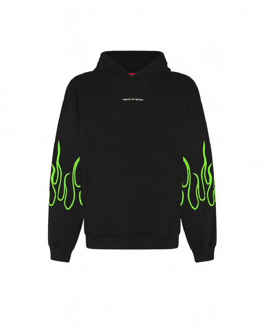 BLACK HOODIE WITH EMBROIDERED GREEN FLAMES, WHITE LOGO AND METAL BUTTON