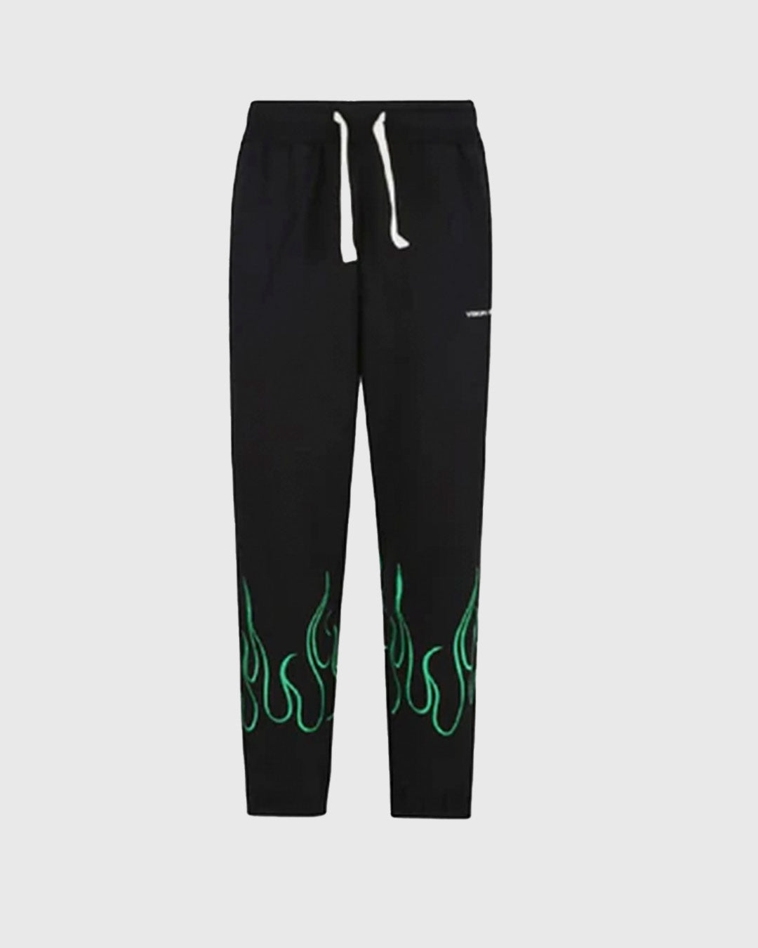 BLACK PANTS WITH EMBROIDERED GREEN FLAMES, WHITE LOGO