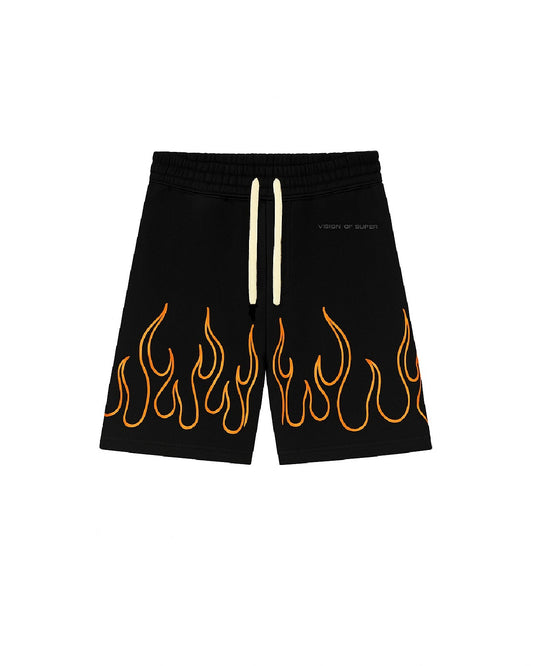 BLACK SHORTS WITH EMBROIDERED ORANGE FLAMES