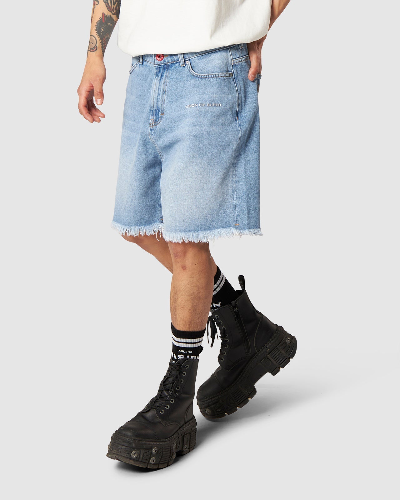 EMBROIDERED FLAMES DENIM SHORTS