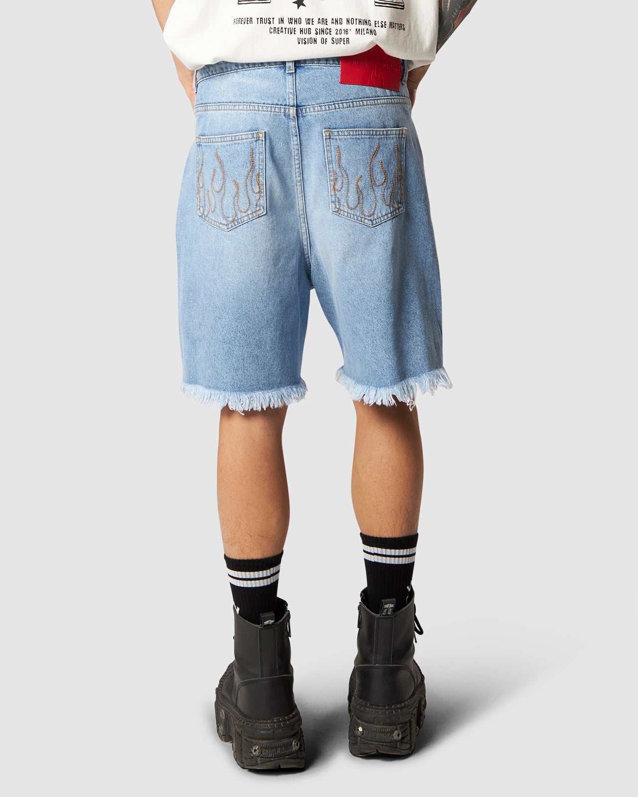 EMBROIDERED FLAMES DENIM SHORTS