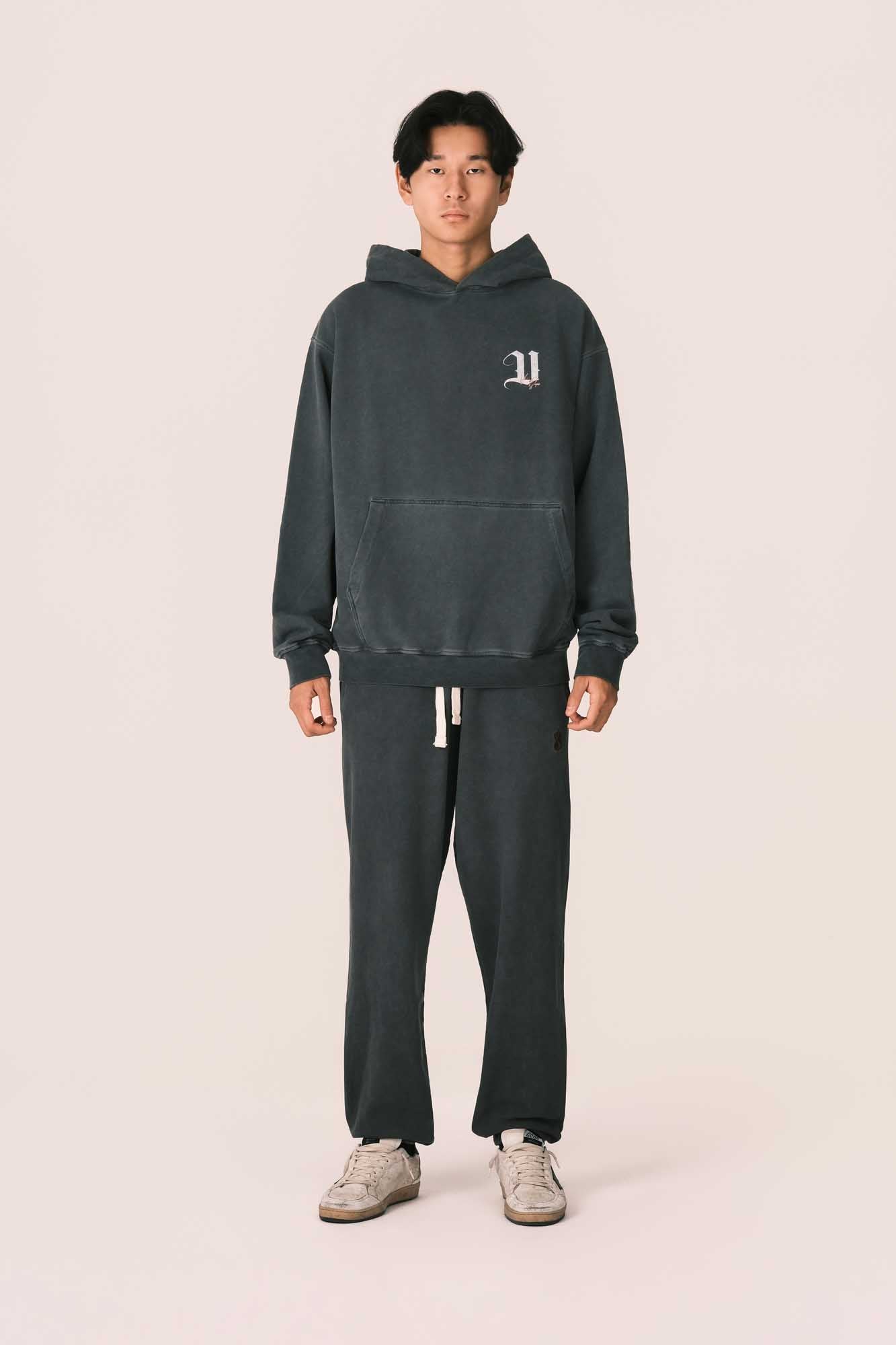 STONE WASH BLACK HOODIE WITH ANGEL PRINT