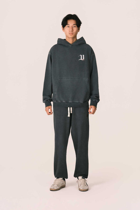 STONE WASH BLACK HOODIE WITH ANGEL PRINT