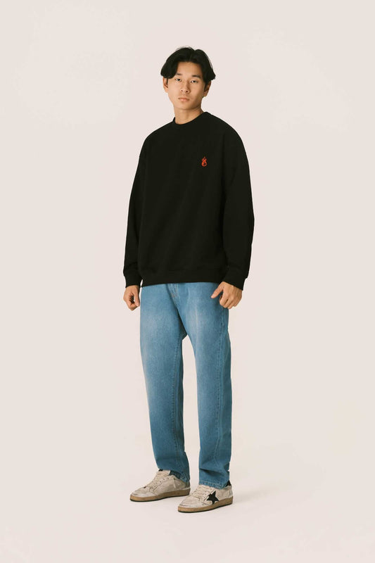 BLACK CREWNECK WITH EMBROIDERED FLAME