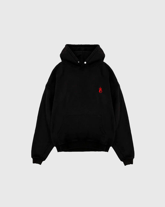BLACK HOODIE WITH EMBROIDERED FLAME
