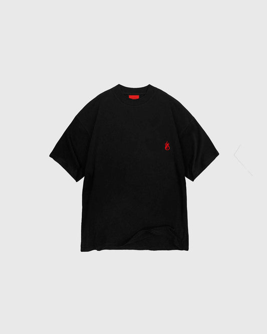 BLACK TEE WITH EMBROIDERED FLAME