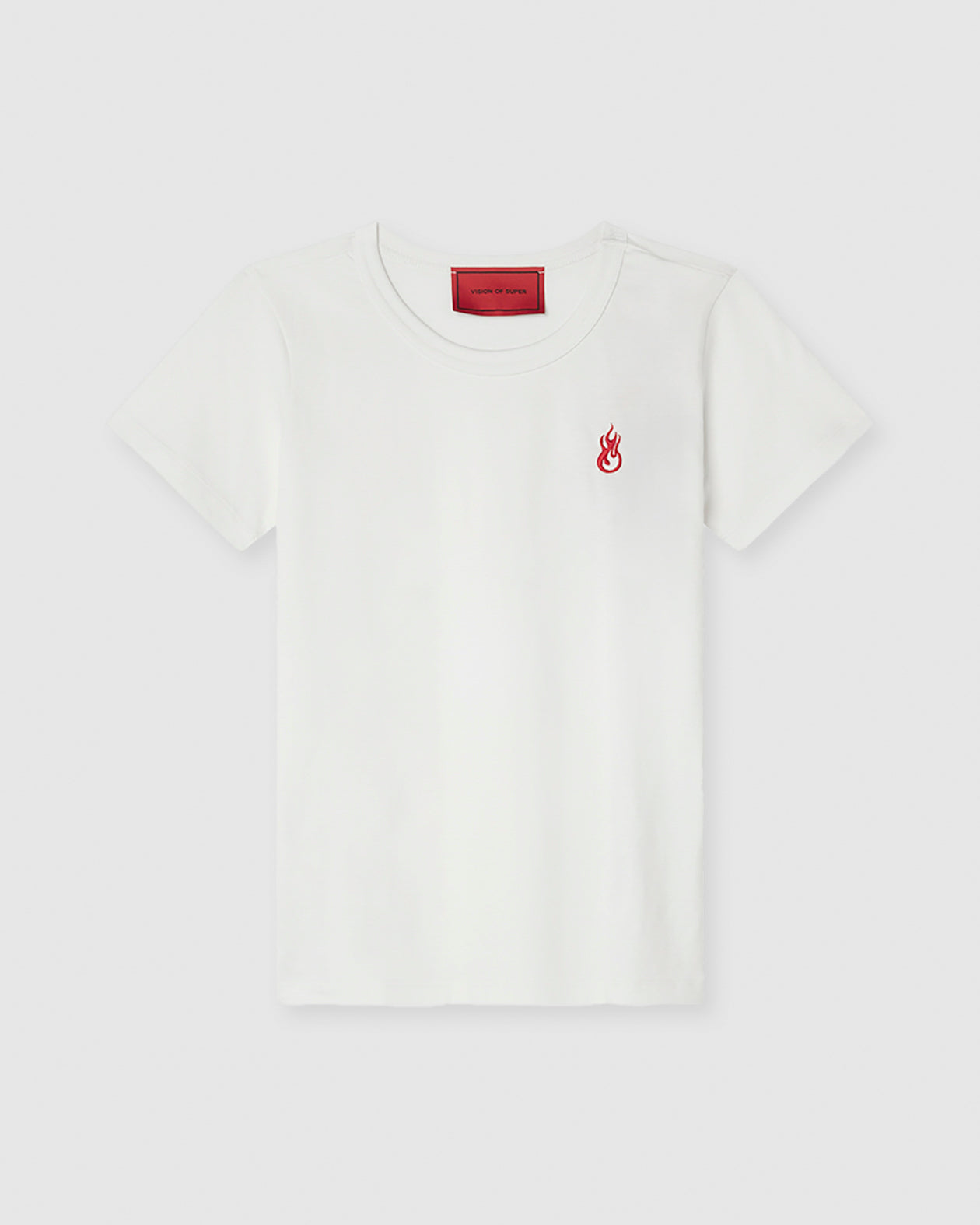 WHITE T-SHIRT WITH EMBROIDERED FLAME LOGO ON FRONT AND PRINTED LOGO ON BACK