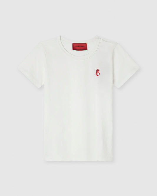 WHITE T-SHIRT WITH EMBROIDERED FLAME LOGO ON FRONT AND PRINTED LOGO ON BACK