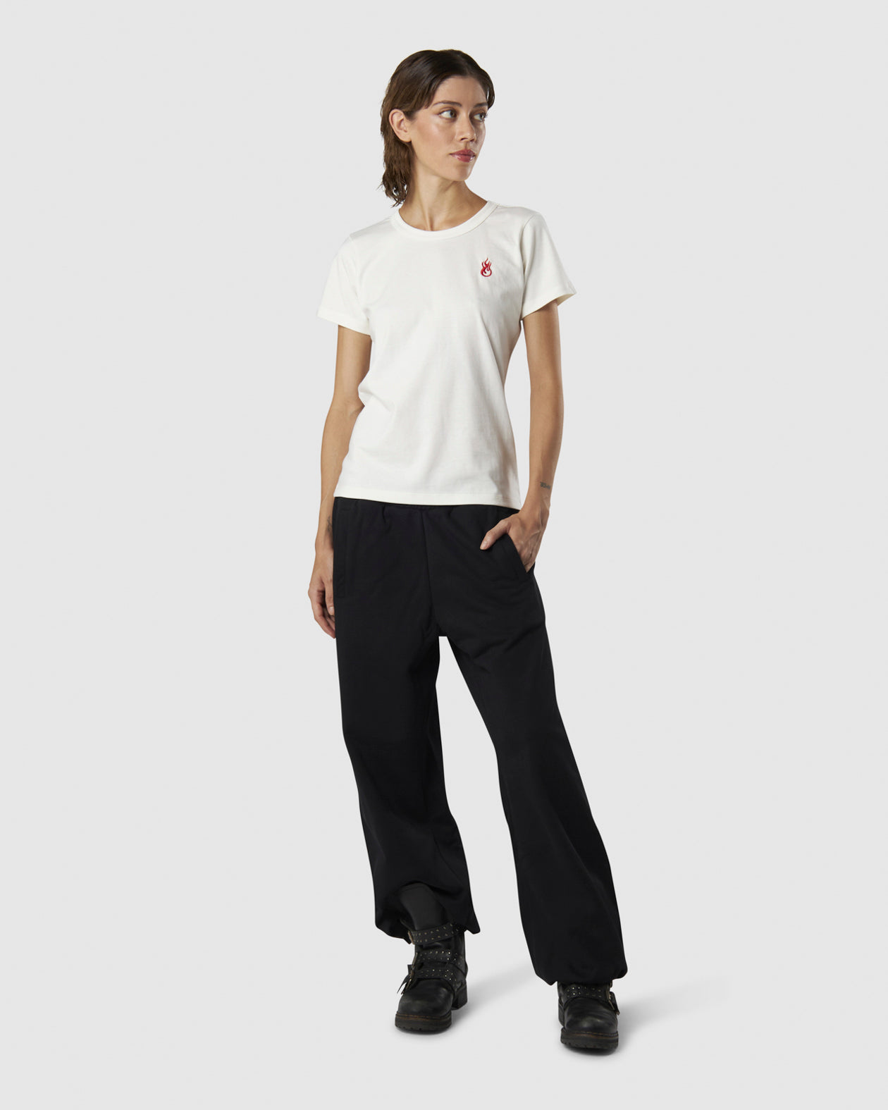 WHITE T-SHIRT WITH EMBROIDERED FLAME LOGO ON FRONT AND PRINTED LOGO ON BACK