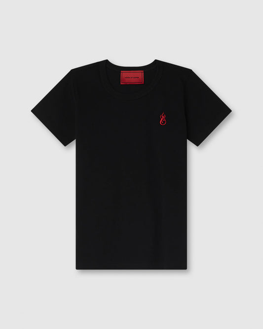 BLACK T-SHIRT WITH EMBROIDERED FLAME LOGO ON FRONT AND PRINTED LOGO ON BACK