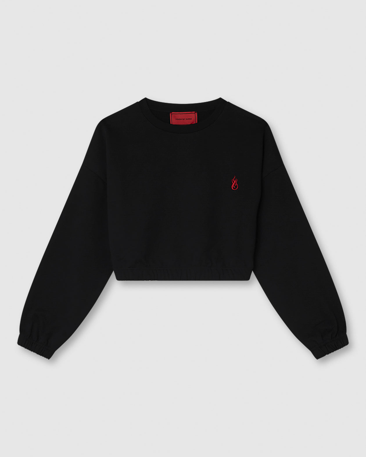 BLACK CROP CREWNECK WITH EMBROIDERED FLAME LOGO ON FRONT AND PRINTED LOGO ON BACK