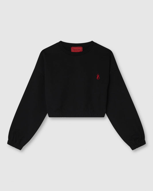 BLACK CROP CREWNECK WITH EMBROIDERED FLAME LOGO ON FRONT AND PRINTED LOGO ON BACK