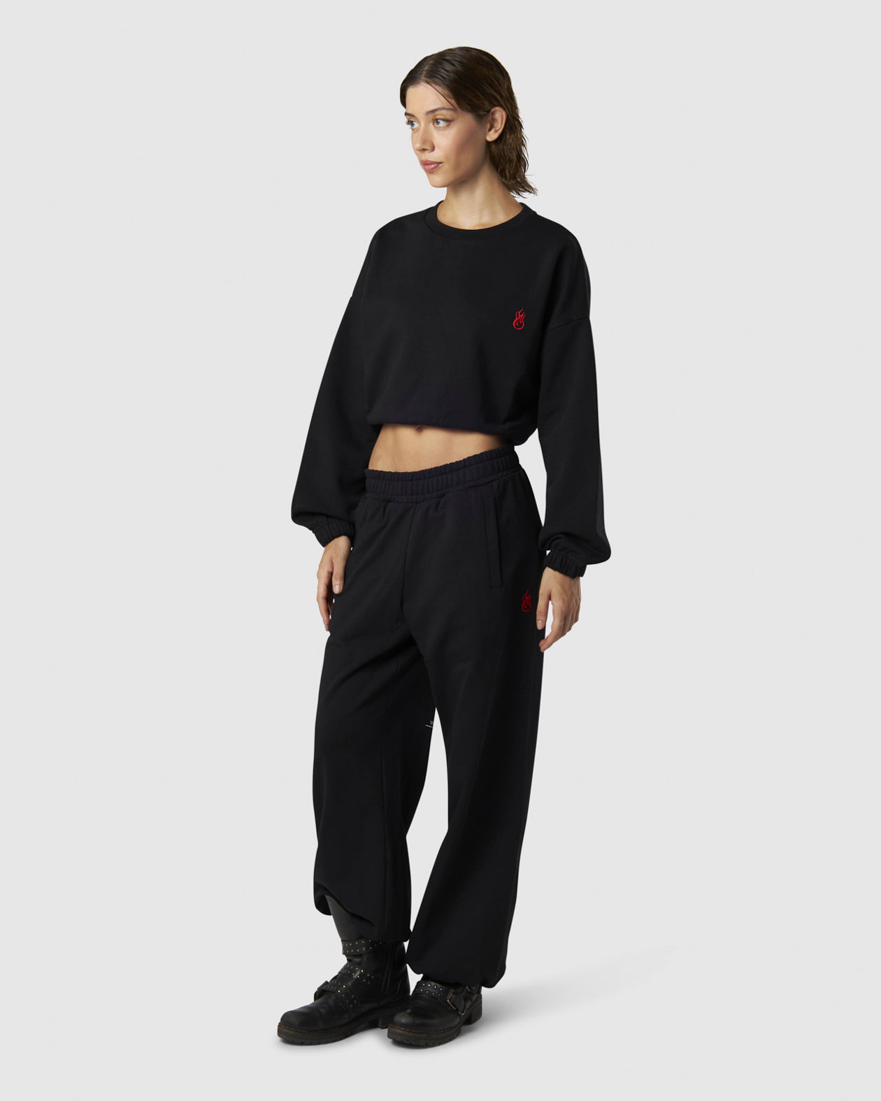 BLACK CROP CREWNECK WITH EMBROIDERED FLAME LOGO ON FRONT AND PRINTED LOGO ON BACK