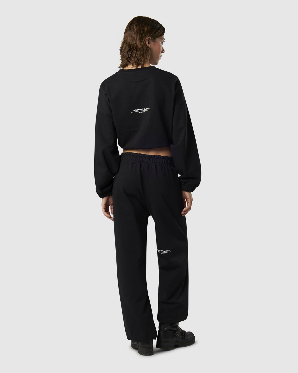 BLACK CROP CREWNECK WITH EMBROIDERED FLAME LOGO ON FRONT AND PRINTED LOGO ON BACK