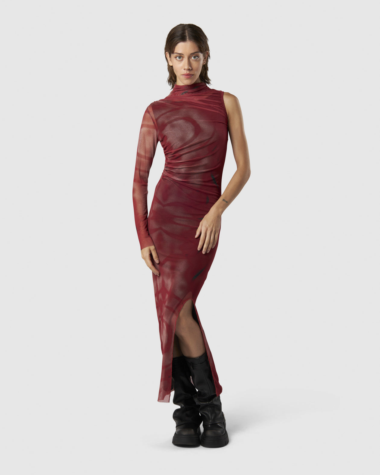 ASYMMETRICAL LONG DRESS WITH RED GOTHIC GRAPHIC