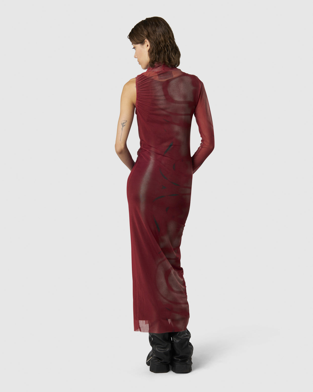 ASYMMETRICAL LONG DRESS WITH RED GOTHIC GRAPHIC