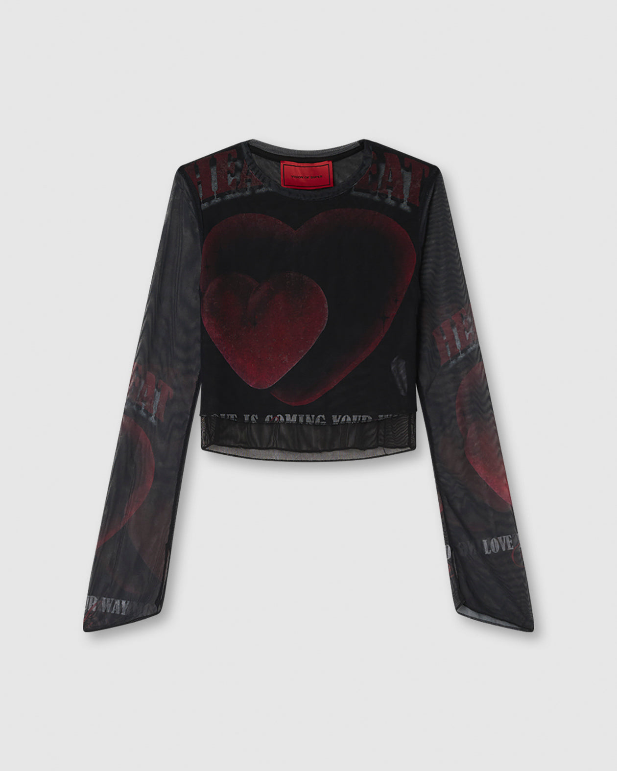 BLACK LONGSLEEVE TOP WITH VELVET HEART PRINT