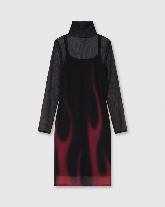 BLACK MIDI DRESS WITH PINK FLAMES
