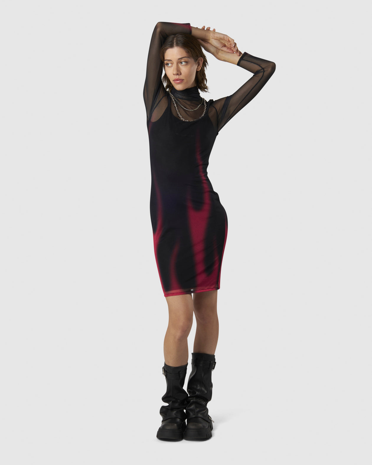 BLACK MIDI DRESS WITH PINK FLAMES