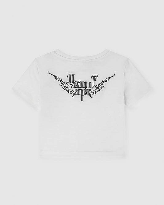 WHITE CROP T-SHIRT WITH EMBROIDERED TRIBAL LOGO ON FRONT AND EMBROIDERED TRIBAL GRAPHIC ON BACK