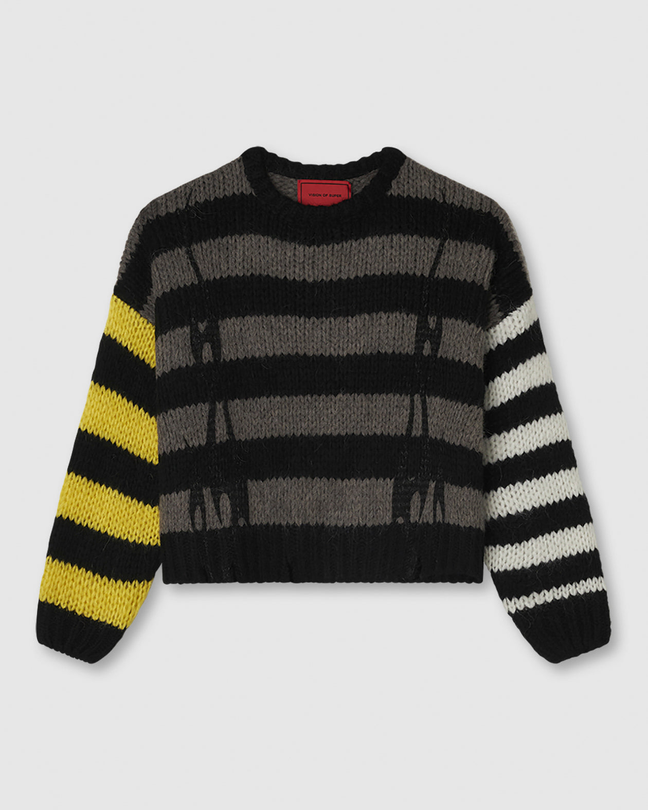 JUMPER WITH IRREGULAR STRIPES BLACK, WHITE, GRAY AND YELLOW AND PRINTED LOGO + FLAMES