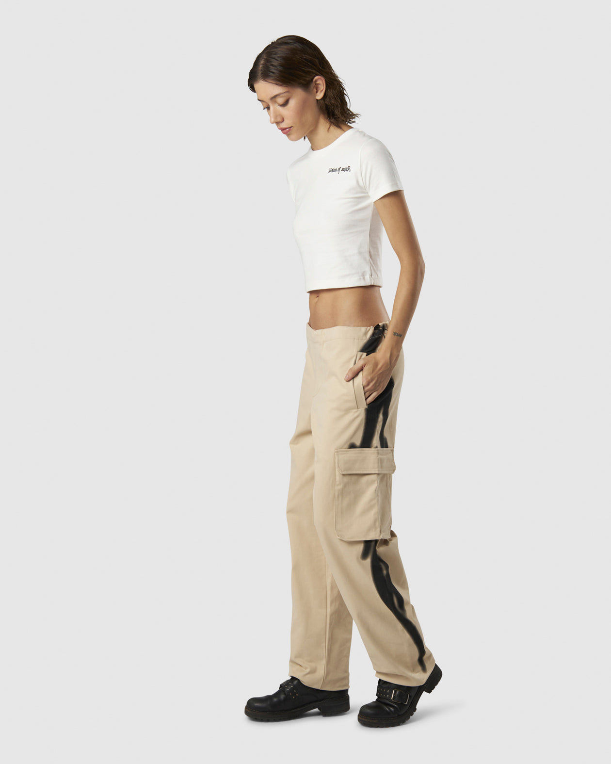LIGHT SAND CARGO PANTS WITH EMBROIDERED TRIBAL LOGO ON BACK AND PRINTED TRIBAL FLAMES ON SIDES