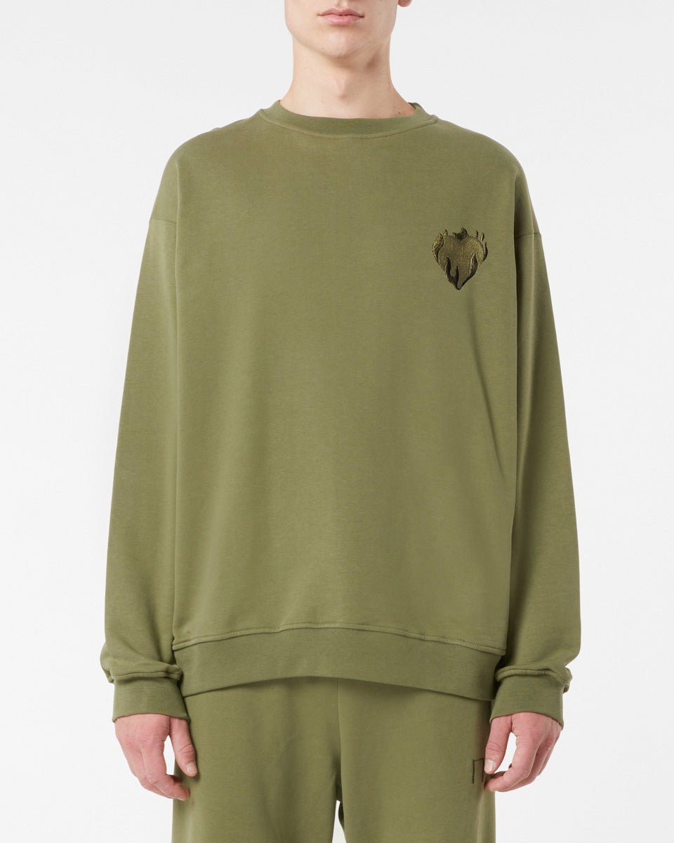 GREEN CREWNECK WITH EMBROIDERED FLAMING HEART - Vision of Super
