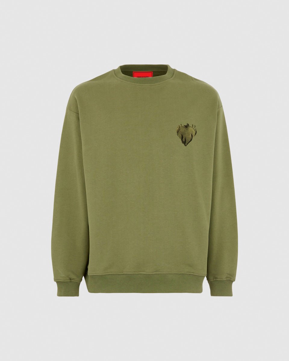 GREEN CREWNECK WITH EMBROIDERED FLAMING HEART - Vision of Super