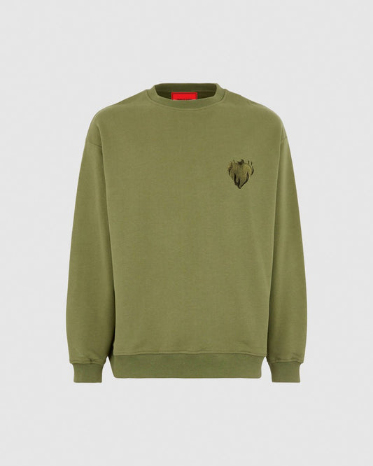 GREEN CREWNECK WITH EMBROIDERED FLAMING HEART - Vision of Super